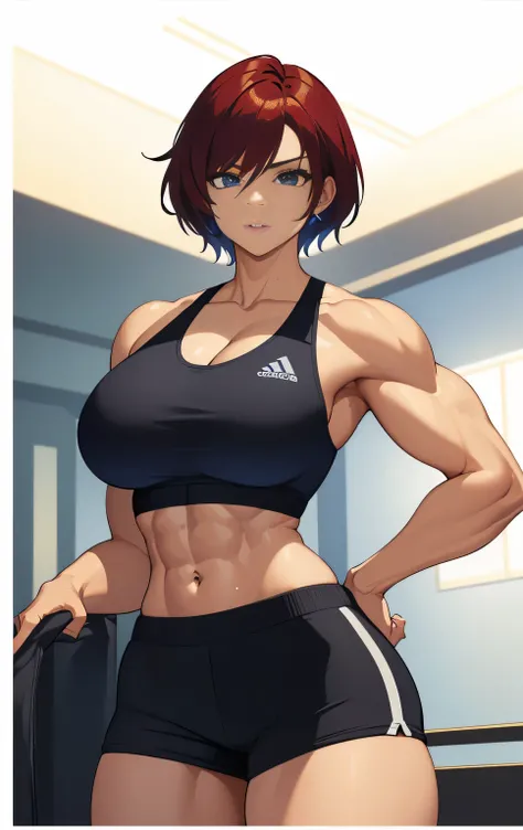 masterpiece、 best quality、 high definition 、1woman、brave woman、Stupid、Gym、Alone、Fit Woman 、Muscular!!、Muscular!、 muscular woman 、 workout 、Attractive anime women、Big Breasts、navel、midriff、abs、stomach、 woman with very large breasts、Muscle Sweat Lara Croft、 ...