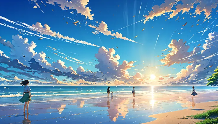 Well detailed anime landscape, The 100 series poster style with people falling from the sky, Os 100, people falling to the sky, beautiful horizon on the beach, floating wing feathers falling seen from afar, clouds, small with brush strokes, serene sky anim...