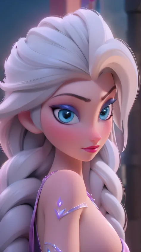 elsa, (perky breasts), (((small breasts))), affected smile:1.2, beautiful blue eyes, (perfect iris), depth of color in his eyes, by rubio, by the wide, braid, full lips, blush, naked, she is showing her vagina, depth of field, bokeh, (Special attention to ...