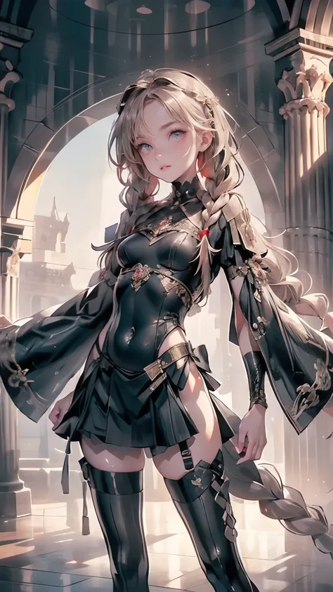 ((best quality)), ((masterpiece)), (detailed), 1girl, (big forhead:1.2),extremely detailed cute anime face, (((flat chest))), (flat chest:1.1),((((long twin braids,tight braids,long braid,braided hair,long hair)))),intricate eyes,beautiful detailed eyes,sy...