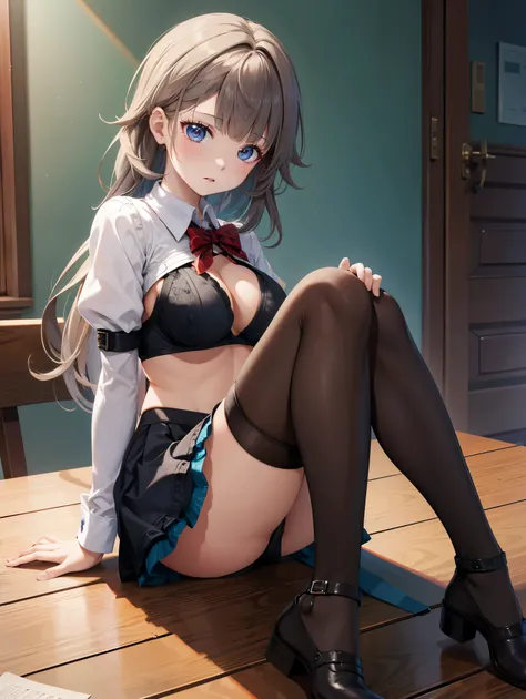 (( best quality)), ( high definition ), (( Very detailed))、(masterpiece)、A high school girl with mature disheveled hair、Im wearing a cute bra and cute panties、(Im wearing knee-high stockings)、( sitting at the table)、Cute nipple shape、(Hair messed up by the...