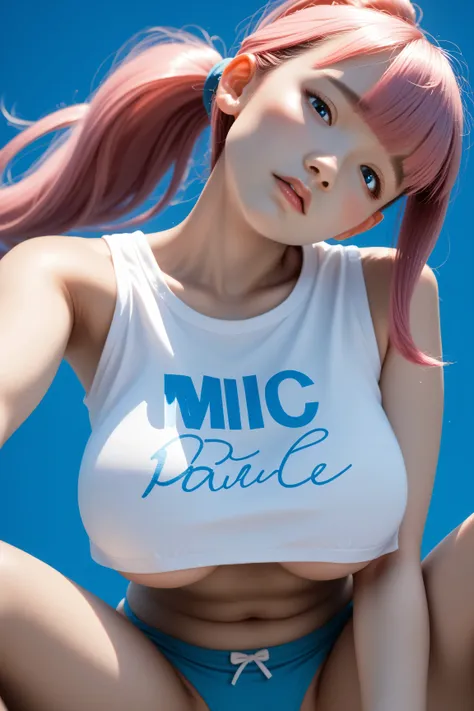 1 asian girl, little, young, solo, pink hair, blue eyes, Blue Background，huge breasts, crop top, panties, underboob, High Ponytail，Unbelievably long hair，sitting, orgasm, legs spread, heavy blushing, looking at viewer，Simple style，wide angle,Dynamic Angle，...