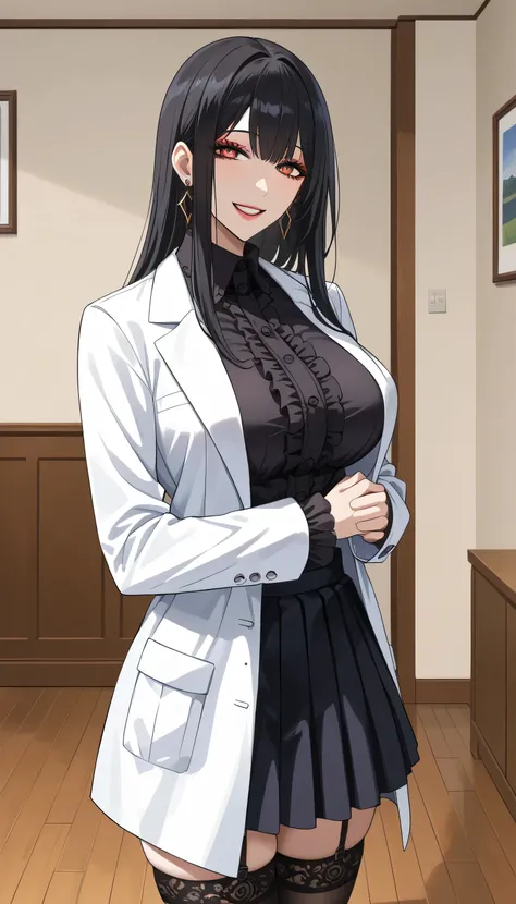  score_9,  score_8_up,  score_7_up,  source_Anime,masterpiece、 best quality, beautifully detailed eyes ,  Beautiful Detailed Lips、 highly detailed eyes and face , tired look、 long breasts, 1 female, Put on a white coat、Gothic Lolita shirt under a white coa...