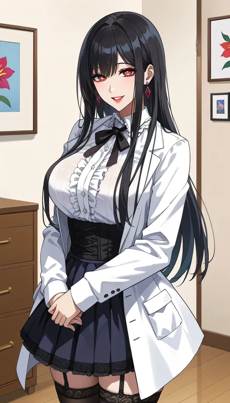  score_9,  score_8_up,  score_7_up,  source_Anime,masterpiece、 best quality, beautifully detailed eyes ,  Beautiful Detailed Lips、 highly detailed eyes and face , tired look、 long breasts, 1 female, Put on a white coat、Gothic Lolita shirt under a white coa...