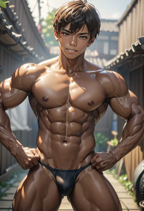 (solo idol brown skinned japanese twink boy), abs, black short hair, detailed black eyes, (Brown Skin:1.3), flexing, naked,(Detailed nipples), best quality, 4K, 8k, high definition , ( Masterpiece :1.2), ultra-detailed, (Photo realistic:1.37), look at the ...