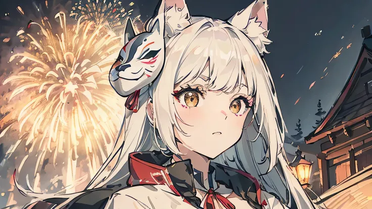 masterpicece, best quaility, fireworks, wearing a mask on her face, white fox mask