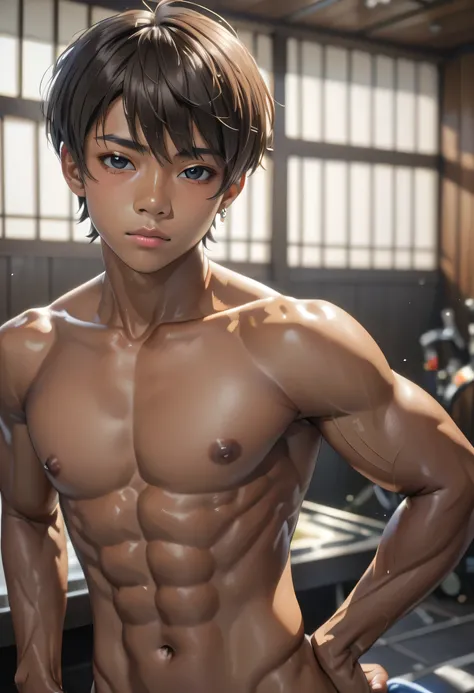 (solo idol brown skinned japanese twink boy), abs, black short hair, detailed black eyes, (Brown Skin:1.3), flexing, naked,(Detailed nipples), best quality, 4K, 8k, high definition , ( Masterpiece :1.2), ultra-detailed, (Photo realistic:1.37), look at the ...