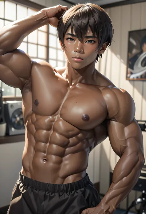 (solo idol brown skinned japanese boy), abs, black short hair, detailed black eyes, (Brown Skin:1.3), flexing, naked,(Detailed nipples), best quality, 4K, 8k, high definition , ( Masterpiece :1.2), ultra-detailed, (Photo realistic:1.37), look at the viewer...