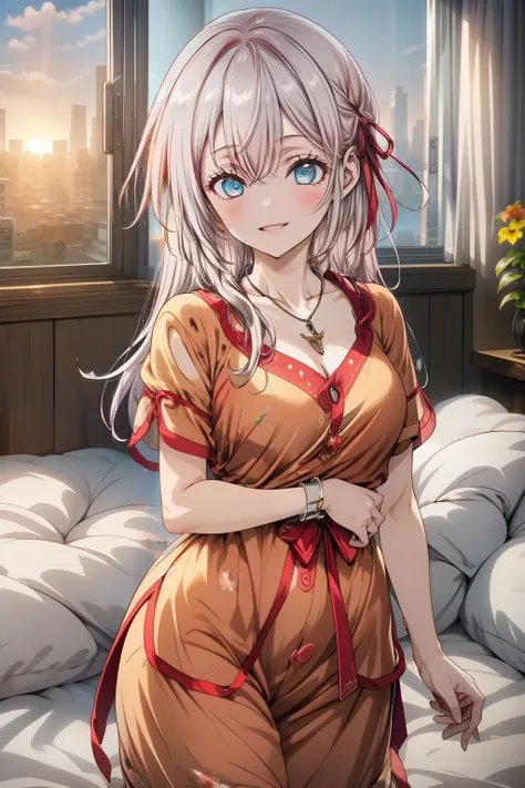 "(sunrise:1.7),    A 22-year-old girl lying on a luxurious bed   ,  with beautiful fingers , a beautiful body,  a beautiful nose  ,    Perfect Eyes,    a perfect face and an impressive character design   .    An anime girl with yellow hair that falls in lo...