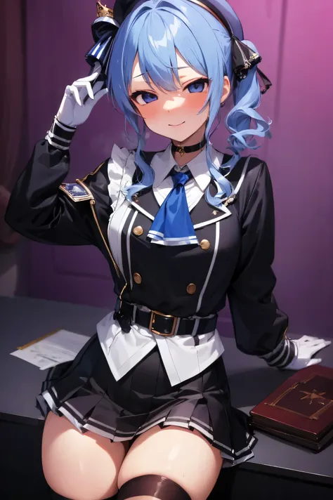 NSFW,masterpiece, best quality, high definition , Very detailed, Hoshimachi Suisei、 blue eyes、 blue hair 、 choker、 hair between eyes、 medium hair、 side ponytail、星の choker, ascot 、 asymmetrical legwear、belt、Beret、黒のgloves、青い ascot 、青いbelt、青いribbon、青い choker...