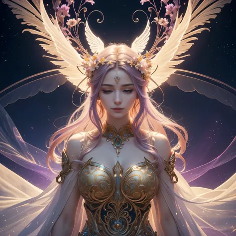 1 mature angel, (translucent angel wings), long billowing light-violet hair with gold accent, flowers in hair, (glowing halo on head), (best quality, 4k, 8k, hires, masterpiece:1.2), ultra-detailed, (realistic, photorealistic, photo-realistic:1.37), beauti...