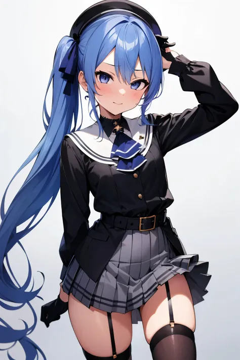 NSFW,masterpiece, best quality, high definition , Very detailed, Hoshimachi Suisei、 blue eyes、 blue hair 、 choker、 hair between eyes、 medium hair、 side ponytail、星の choker, ascot 、 asymmetrical legwear、belt、Beret、黒のgloves、青い ascot 、青いbelt、青いribbon、青い choker...