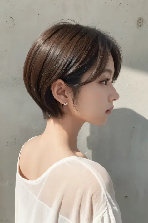 ( best quality:1.4), RAW photos , (Realistic, photo-Realistic:1.37), pro photo shadow, Cinematic Light, ( beautiful face: 1.2),Beauty、 beautiful woman、 profile、 white shirt、clothes、gross、shadow、Look Up、 short bob hair、White wall、 back view