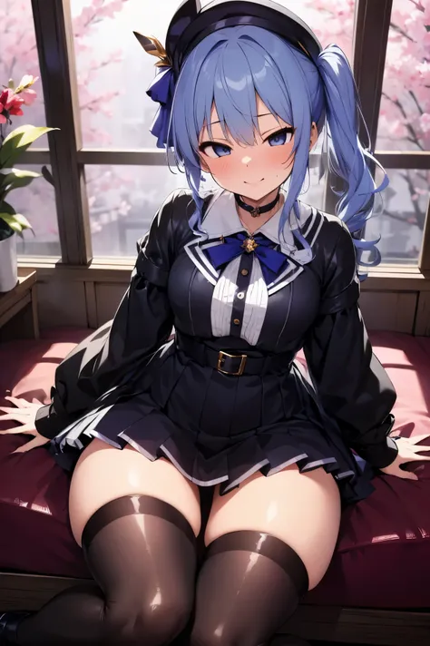 NSFW,masterpiece, best quality, high definition , Very detailed, Hoshimachi Suisei、 blue eyes、 blue hair 、 choker、 hair between eyes、 medium hair、 side ponytail、星の choker, ascot 、 asymmetrical legwear、belt、Beret、黒のgloves、青い ascot 、青いbelt、青いribbon、青い choker...