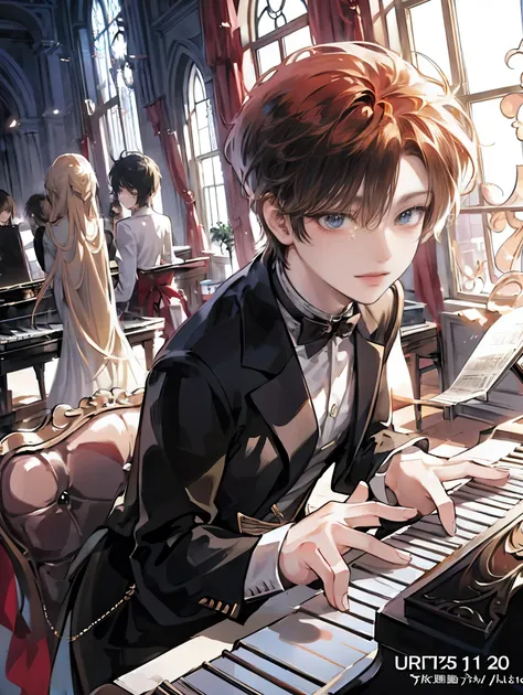  Furry Hair，(  refraction effect , sun)), (masterpiece,  Best Quality ), (1. Juvenile), ( solo ), Perfect Face ,  window ，Smile，short hair，dynamic poses，Lots of Piano Score Flowing ，piano， Anime Style