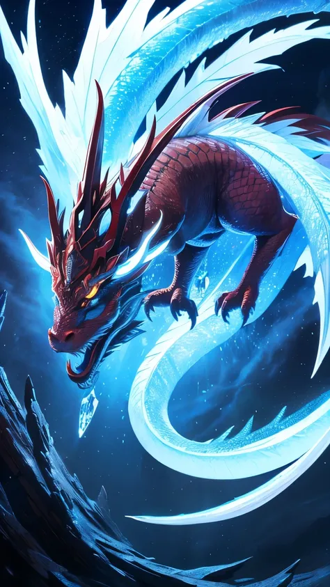 An Asian dragon of the wood element and covered in ice energy, flying in the sky