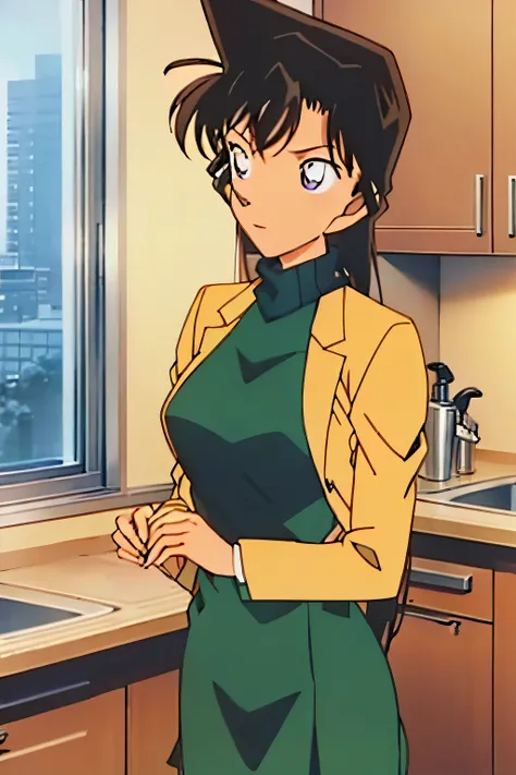 {{{Dylan}}},{{{ Detective Conan }}},{{{Long Hair}}},{{{official style }}},{{{adult}}},GREEN ONE PIECE TURTLENECK MINI dress ,{ LIGHT GREEN CROPPED short JACKET }, Green Socks ,sink,laundry,kitchen,bringing upper body to the sink,open
