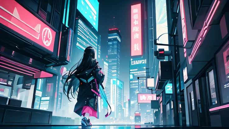 ((best quality)), ((masterpiece)), (detailed), One Woman、Long black hair、A back view of a man walking through a futuristic neon city, wearing headphones .night