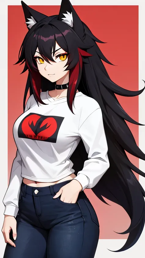 Anime Wolf Female With Black Body, Red Hair, Yellow Eyes, Wearing Red Sweatshirt and Blue Jeans.
