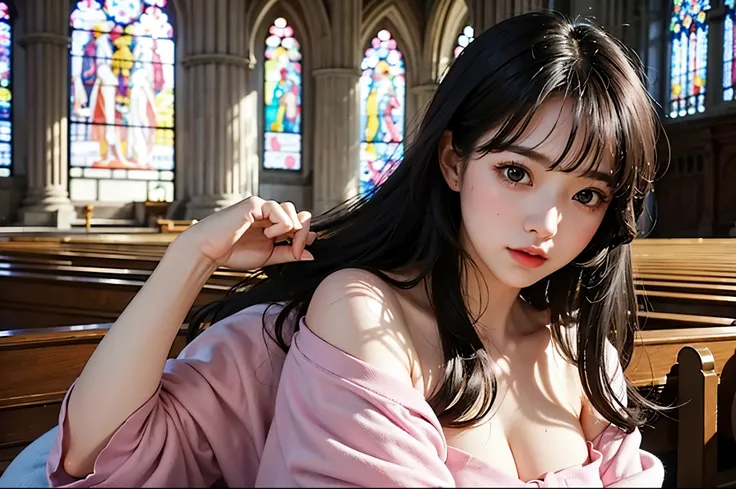  best quality　masterpiece　 Details　Close up of a super cute girls face the moment a soft big pink ball hits her　Photo style　 imaginary　 Dramatic Production 　 fantasy standing in a church　interestingly　