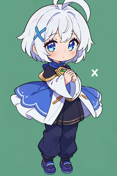  1 girl,blue eyes, Ahoge,   chibi,green background,white hair,full body,standing,put hands on body,x shaped hair ornament, short hair,purple inner hair,own hands together,simple background, 