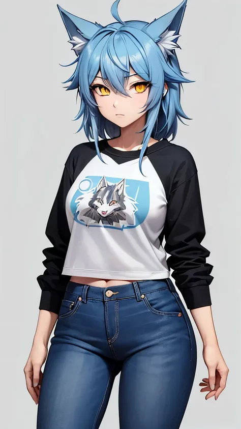 Anime Wolf Female With Black Body, Light Blue Hair, Yellow Eyes, Wearing Red Sweatshirt and Blue Jeans.
