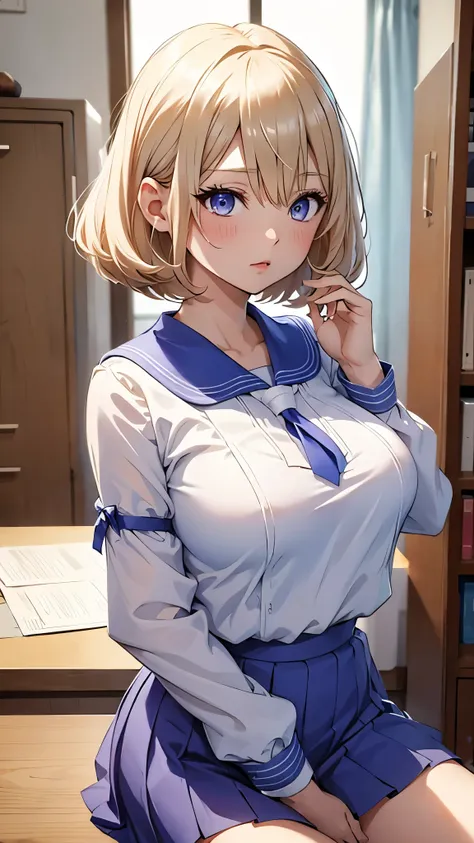 Umino Yuki、masterpiece,  best quality、 best quality,(8k resolution),Beauty、 （  Sexy Perfect Style）、(  Big Breasts )、Blonde Bob Cut、(white and blue sailor uniform)、( blue skirt)、((Bring your chest closer))、 purple eyes、 and their bras are transparent