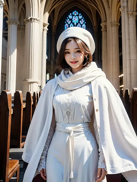  best quality　masterpiece　 Details　There is a stylish dead tree 　 A super beautiful woman is standing beside her with a smile and a white scarf　Photo style　Artistic　 imaginary　 fantasy standing in a church　 nice style 