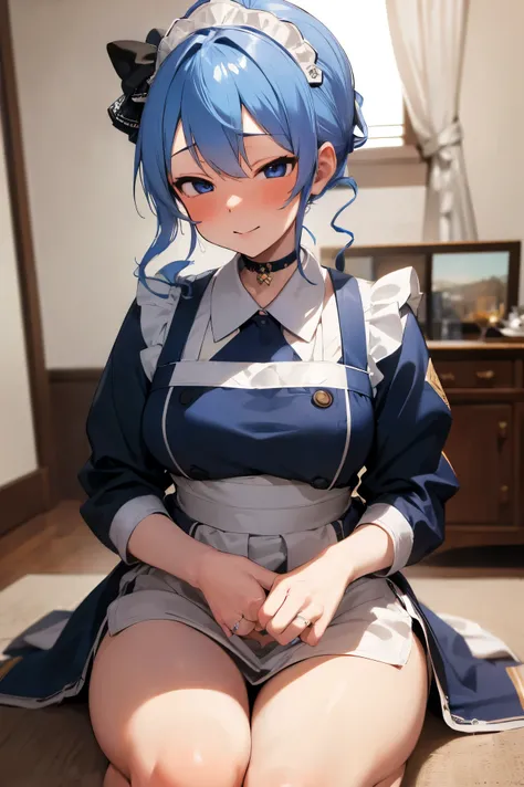 NSFW,masterpiece, best quality, high definition , Very detailed, Hoshimachi Suisei、 blue eyes、 blue hair 、 choker、 hair between eyes、 medium hair、 side ponytail、星の choker,(Married Woman:1.5), living room,apron