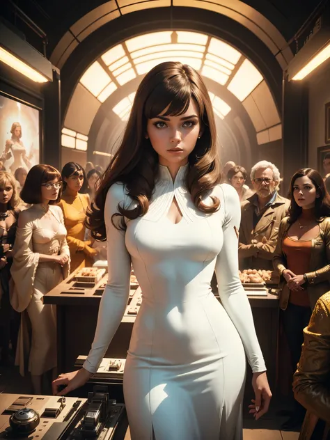 arafed image of a woman in a white dress standing in front of a group of people, 7 0 s sci - fi art, attractive brown hair woman, still frame from a movie, hypermaximalist, promotional render, by Menez, cosmic bjork, steam punk, velma, mars attacks, circa ...