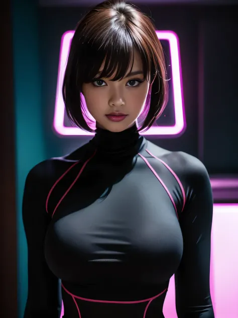 (Matte tight suit:1.3), High-neck, Long sleeve, (Looking at the viewer:1.5), Dimly lit bedroom at night, Pink light, Pink neon tube, Pink lighting,
8K Quality, (High Resolution:1.3), (Realistic photo:1.5), (Raw photo:1.1), Extremely detailed photo, Body th...