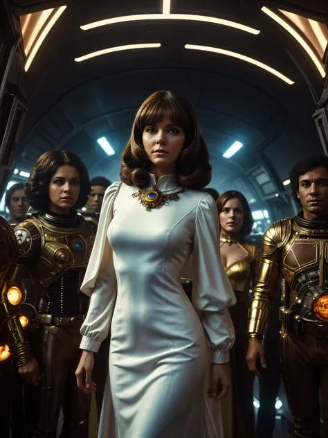 arafed image of a woman in a white dress standing in front of a group of people, 7 0 s sci - fi art, attractive brown hair woman, still frame from a movie, hypermaximalist, promotional render, by Menez, cosmic bjork, steam punk, velma, mars attacks, circa ...