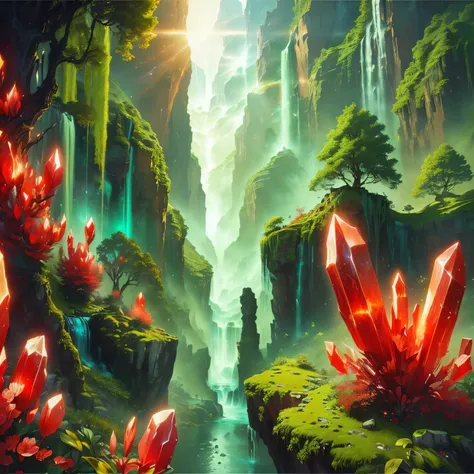 a painting of a waterfall with red crystals in the middle,  highly detailed 4k digital art ,  fantasy art landscape ,  epic dreamlike fantasy landscape , 2. 5d cgi anime fantasy art,  4k hd very detailed wallpaper , impressive fantasy landscape, arte de fa...