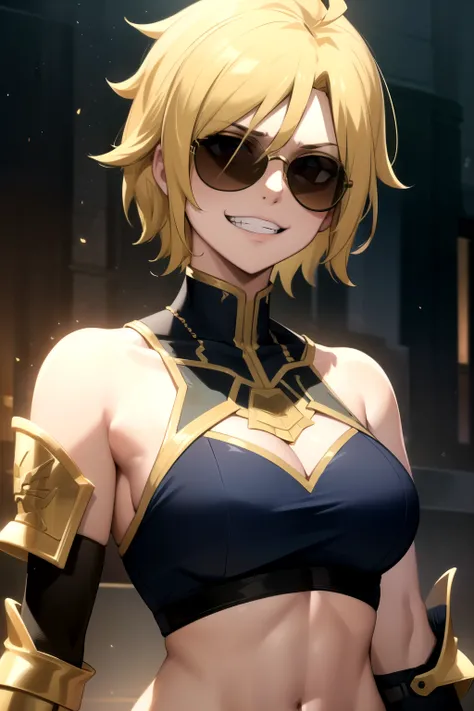 masterpiece, absurdres , (intricate details), (colorful),cinematic lighting,bust shot,extremely detailed CG unity 8k wallpaper, dimariayesta, shoulder armor, midriff, bare shoulders, looking at viewer, grin, sunglasses, dark sunglasses.
