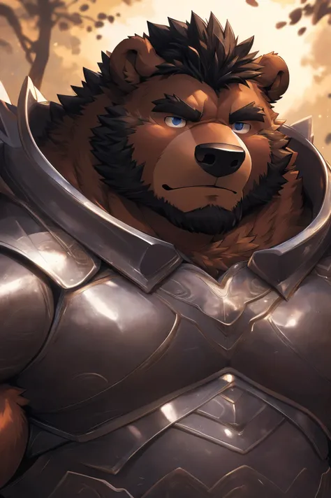 ((upper body:1.2)),1man,solo,dark brown bear,Exquisite,Solitary,Chubby,(Fat:1.2),((detail eyes:1.5)),(one-tone dark brown body skin:1.5),(Long Nose),Thick arms, Rugged muscles,black hair,black plush fur,Chubby脸,Brown eyebrows,blue eyes,Beard,Romanticized v...