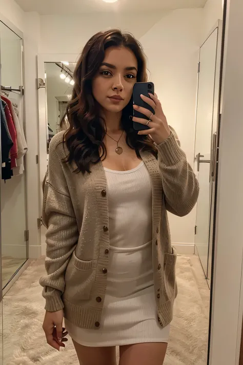 
 influencer Latin woman with curly dark hair , Eyes of a deep fiery red one takes a selfie in a dressing room premiering a winter outfit