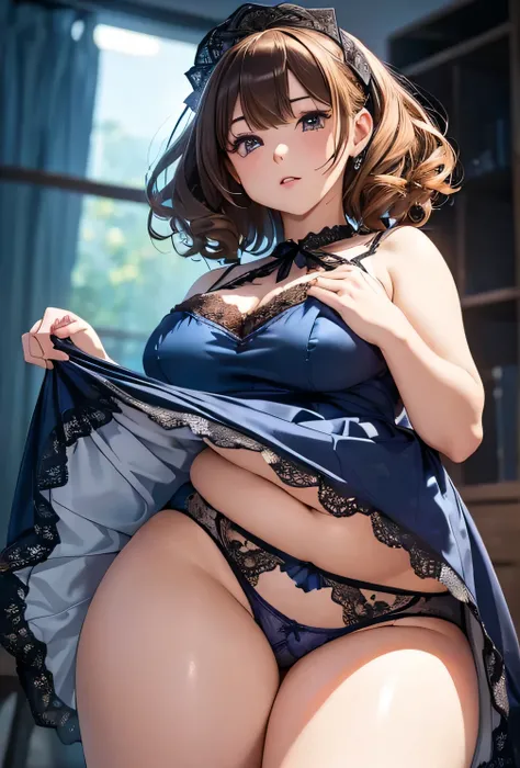 ((masterpiece)), (( best quality)), ( super detailed), (( Extremely Detailed)), 4K, (8k),  best quality, (beautiful),(( chubby body ))Anime Style,  upper body,  looking up from below ,  full body focus ,  in a photo studio,  cute girl,  1 girl, Alone, high...