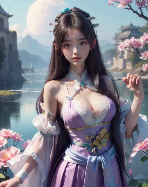 (8k, RAW photo:1.2), best quality, ultra high res,dramatic angle,(fluttered detailed color splashs), (illustration),((( girl l2 yerld old))),(long hair),(rain:0.9), (Headdress:1.4),There is an ancient palace beside the girl,Hanfu,(Key Points),Color ink pai...