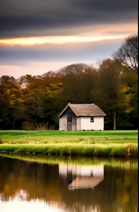 there is a small house sitting on the shore of a lake, hdr photography, moody morning light, moody evening light, award winning landscape photo, brockholes, by Mark English, dramatic warm morning light, by Tom Scott RSA, moody setting, lpoty, marsh, by Joh...