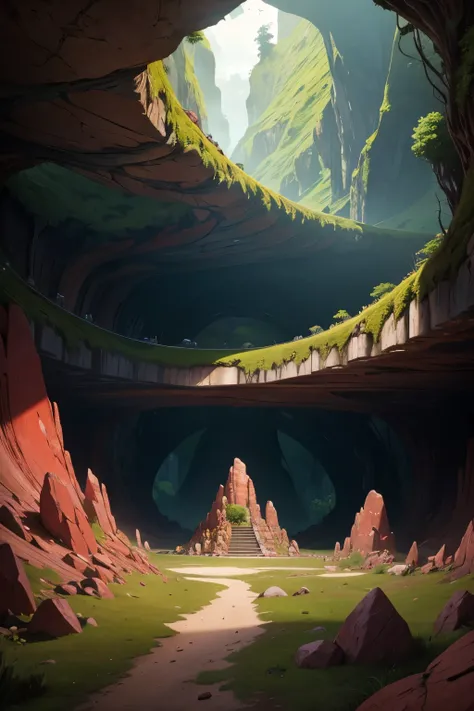 an underground base subtly hidden in a green mountain with red quartz formations and conglomerates