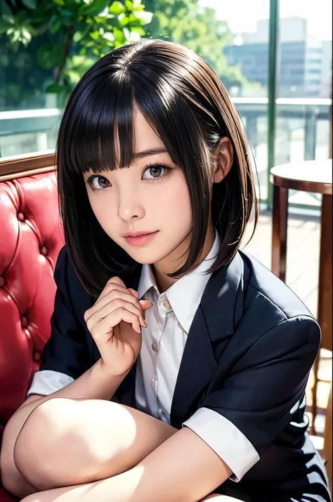 (Two slim girls with small breasts、Wear a winter blazer、There is a girl with long hair and simple bangs... 、Close-up portrait of a girl with short hair 、Winter blazer uniform:1.5)、(  sit on a chair、 Two girls eating strawberry cake in a cafe with a terrace...