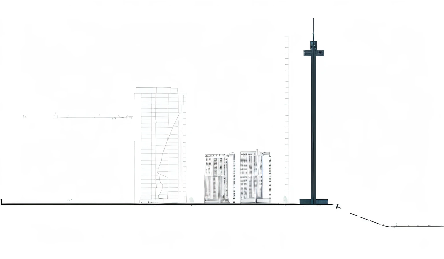 drawing of a tall tower with a street sign in front of it, elevation view, with towers, view from ground level, raising between the buildings, skyline showing, 2d side view, street elevation, side perspective, vertical architecture, architectural section, ...