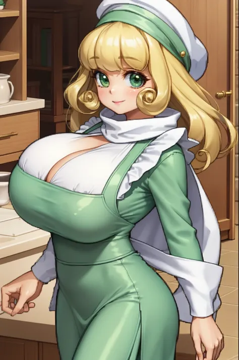 azurecheryl, blonde hair, green eyes, curly hair,
white shawl, green dress, long sleeves, long skirt, hat, apron, large breasts