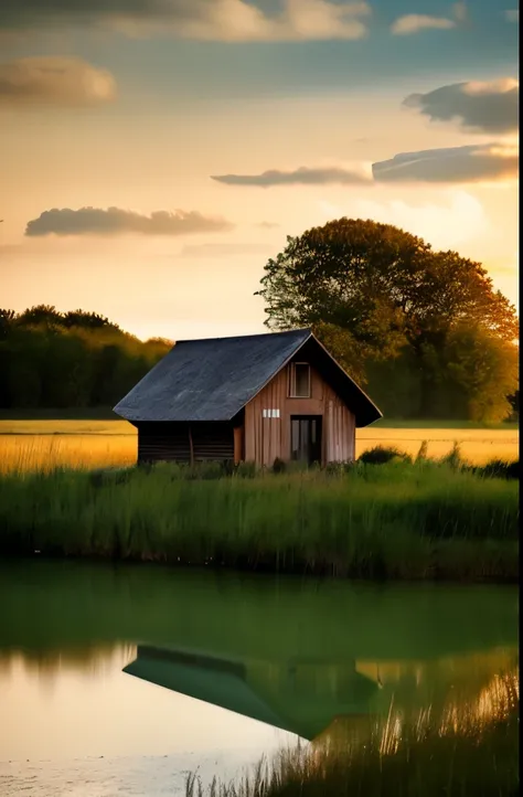 there is a small house sitting on the shore of a lake, hdr photography, moody morning light, moody evening light, award winning landscape photo, brockholes, by Mark English, dramatic warm morning light, by Tom Scott RSA, moody setting, lpoty, marsh, by Joh...