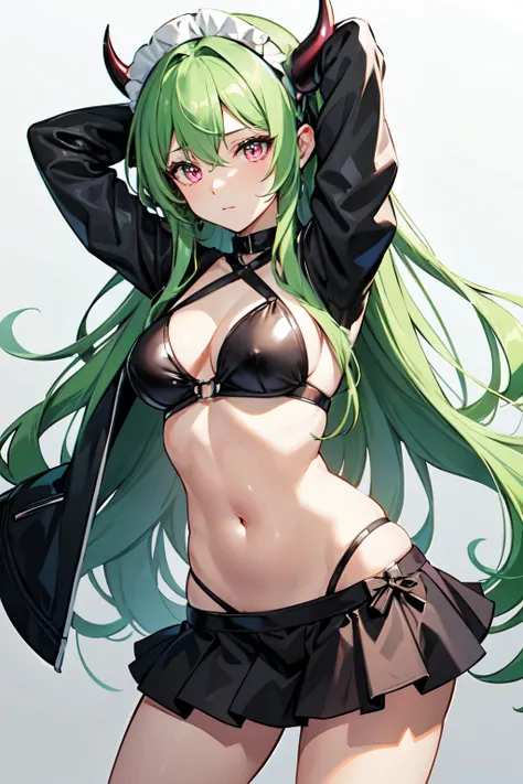  with long, straight yellow-green hair 、Bangs are blunt、The hair on the side is a princess cut 、 with dark pink eyes。 The Maid of Succubus 。 wearing a black leather swimsuit, black skirt, and jacket 。A black horn and a maids headband are attached to her he...