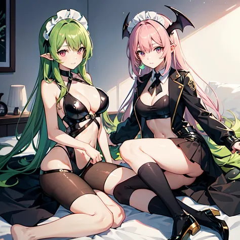  with long, straight yellow-green hair 、Bangs are blunt、The hair on the side is a princess cut 、 with dark pink eyes。 The Maid of Succubus 。 wearing a black leather swimsuit, black skirt, and jacket 。A black horn and a maids headband are attached to her he...