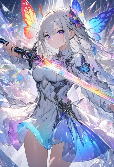 (masterpiece, best quality :1.2,UHD,High Resolution), colorful , 1 girl, Gray Hair, purple eyes, dual weeding that destroys reality , sword, has a sword, blue flame, Shine, Shine weapon, holding a weapon , light particles , wallpaper, Chromatic Aval...
