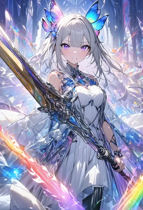 (masterpiece, best quality :1.2,UHD,High Resolution), colorful , 1 girl, Gray Hair, purple eyes, dual weeding that destroys reality , sword, has a sword, blue flame, Shine, Shine weapon, holding a weapon , light particles , wallpaper, Chromatic Aval...