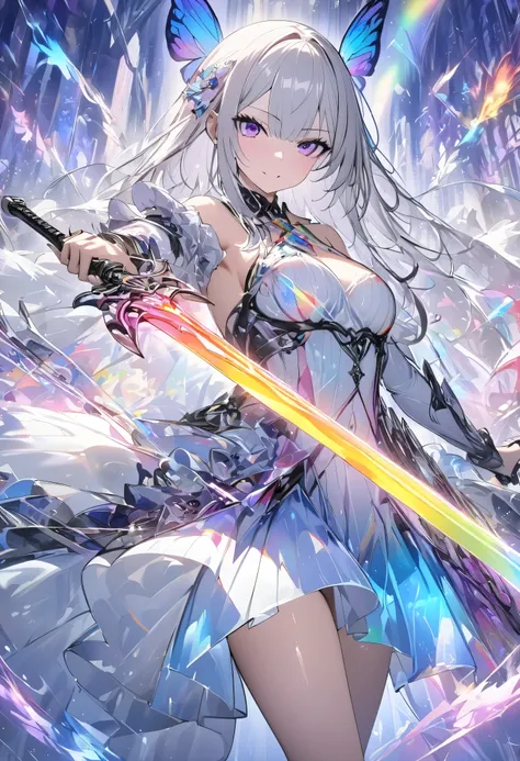 (masterpiece, best quality :1.2,UHD,High Resolution), colorful , 1 girl, Gray Hair, purple eyes, dual weeding that destroys reality , sword, has a sword, blue flame, Shine, Shine weapon, holding a weapon , light particles , wallpaper, Chromatic Aval...