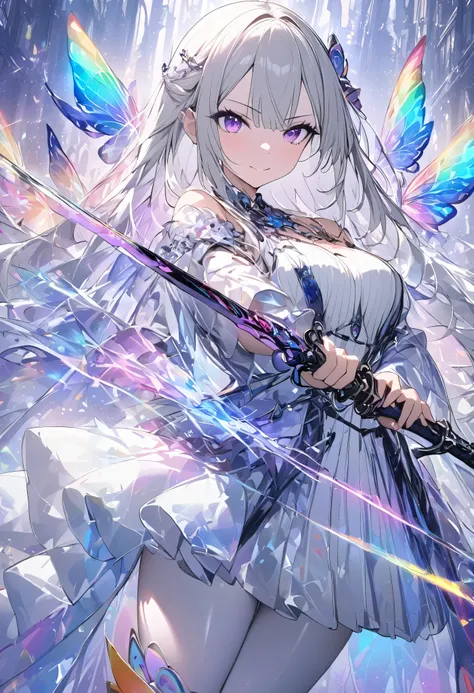 (masterpiece, best quality :1.2,UHD,High Resolution), colorful , 1 girl, Gray Hair, purple eyes, dual weeding that destroys reality , sword, has a sword, blue flame, Shine, Shine weapon, holding a weapon , light particles , wallpaper, Chromatic Aval...
